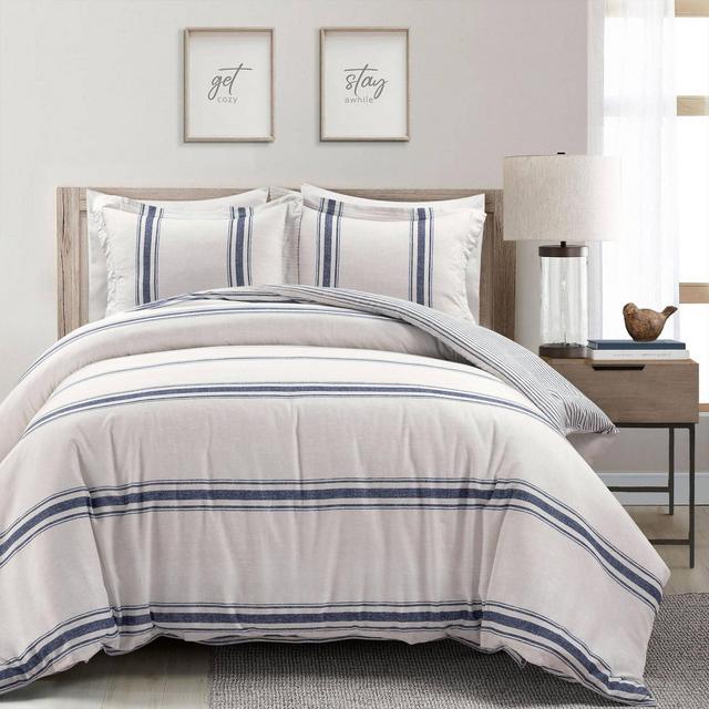3pc Full/Queen Farmhouse Stripe Reversible Duvet Set Navy - Lush Décor