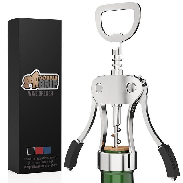 Gorilla Grip Powerful Wine Opener, Ergonomic Soft Touch Heavy Duty Manual Bottle Openers, Rust Resistant Zinc Alloy Winged Corkscrew, Easy Use, Open Corks, Dishwasher Safe, Bar Accessories, Black