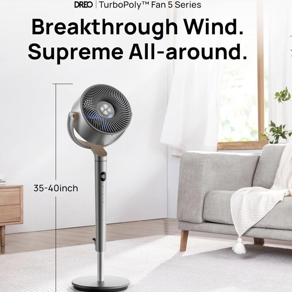 DREO Standard Fan for Bedroom, 120°+120°Omni-directional Oscillating Fan, 90ft, DC Motor, 20 dB Quiet Standing Pedestal Fans, 8 Speeds, 3 Modes Circulator with Remote, 35-40" Adjustable Height, 8H Timer