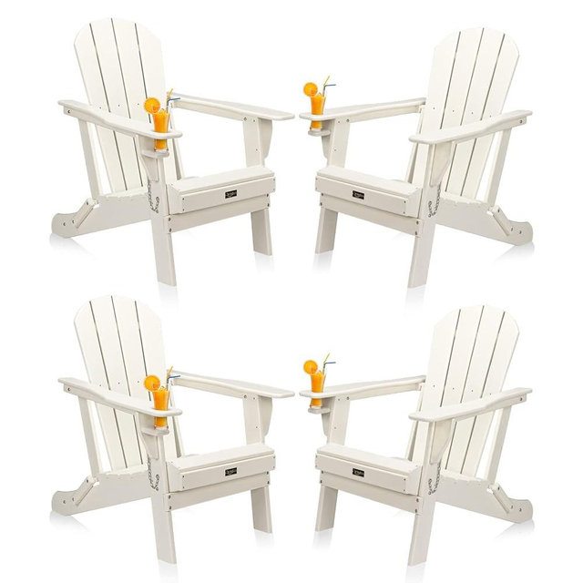 VINGLI Plastic Adirondack Chairs Set of 4, Folding with Cup Holder, Waterproof HDPE Material, Comfortable 380lb Weight Capacity for Outdoor Pool Patio Lounge Chair Lawn Furniture Firepit (White)