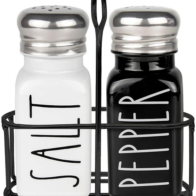 Salt and Pepper Shakers Set with Holder by Brighter Barns - Cute Modern Farmhouse Kitchen Decor, Table Decor - Vintage Glass Black White Shaker Set with Caddy and Stainless Steel Lids (Black/White)