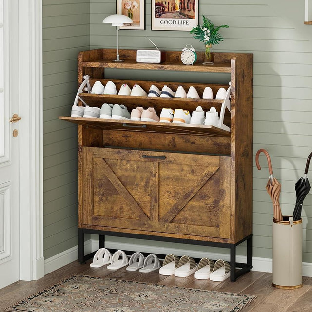 GRUSIGN Shoe Cabinet, Shoe Storage Cabinet with 2 Flip Drawers & Adjustable Shelf, Space-Saving Shoe Organizer – Holds 16+ Pairs, Narrow Shoe Cabinet Storage for Entryway/Hallway（Brown）