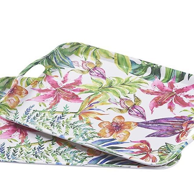 Blue Boat 16.5" x 11.5" Rectangular Melamine Serving Trays Set of 2 Floral Design, Summer Picnic Trays with Handles for Indoor and Outdooer, Stackable BPA-Free Dishwasher Safe