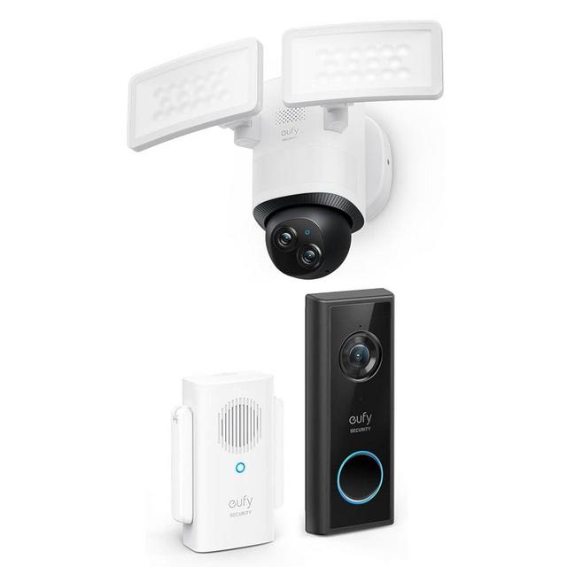 eufy Security, Battery Video Doorbell C210 Kit, 120-Day Battery, No Subscription Floodlight Camera E340 Wired, 360° Pan and Tilt, 24/7 Recording