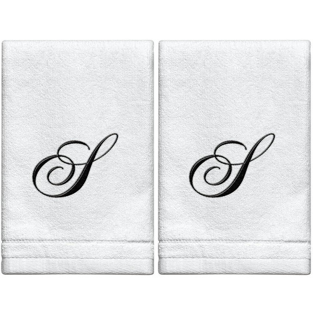 Monogrammed Towels Fingertip, Personalized Gift, 11 x 18 Inches - Set of 2- Black Embroidered Towel - Extra Absorbent 100% Cotton- Soft Velour Finish - For Bathroom/ Kitchen/ Spa- Initial S (White)