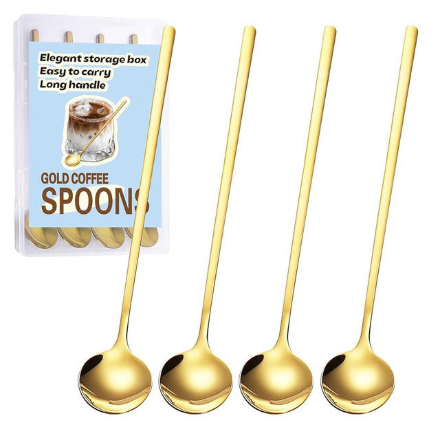 4PCS 6.7Inches Gold Coffee Spoons for Coffee Bar Coffee Station, Gold Long Handle Espresso Spoon Stirring Spoon for Coffee, Ice Tea, 304 Stainless Steel Tea Spoons