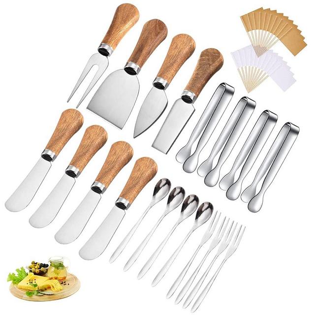 Cheese Knives Set with Wooden Handle, Mini Steel Stainless Cheese knife set for Charcuterie and Cheese spread Mini Serving Tongs Spoons Forks Toothpick Flags for party Wedding Christmas (Option 5)