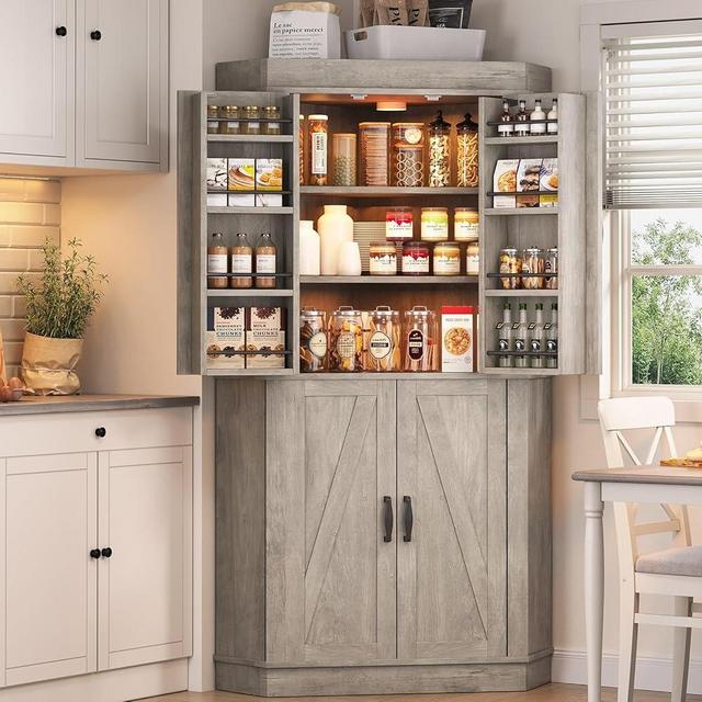 Jocoevol Corner Cabinet, Kitchen Pantry Storage Cabinet with 4 Doors and Ajustable Shelves, Space Saving Farmhouse Tall Food Storage Furniture for Kitchen Dining Room, Grey