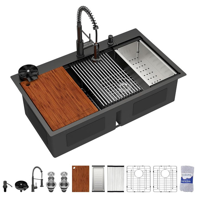 Dcolora 33 In. Matte Black Drop In Double Bowl Luxury Kitchen Sink Set with Faucet and Cup Washer, Large 50/50 Split Stainless Steel Topmount Workstation Sink, 33"x21.2"x10" #DC-SFDOE00136