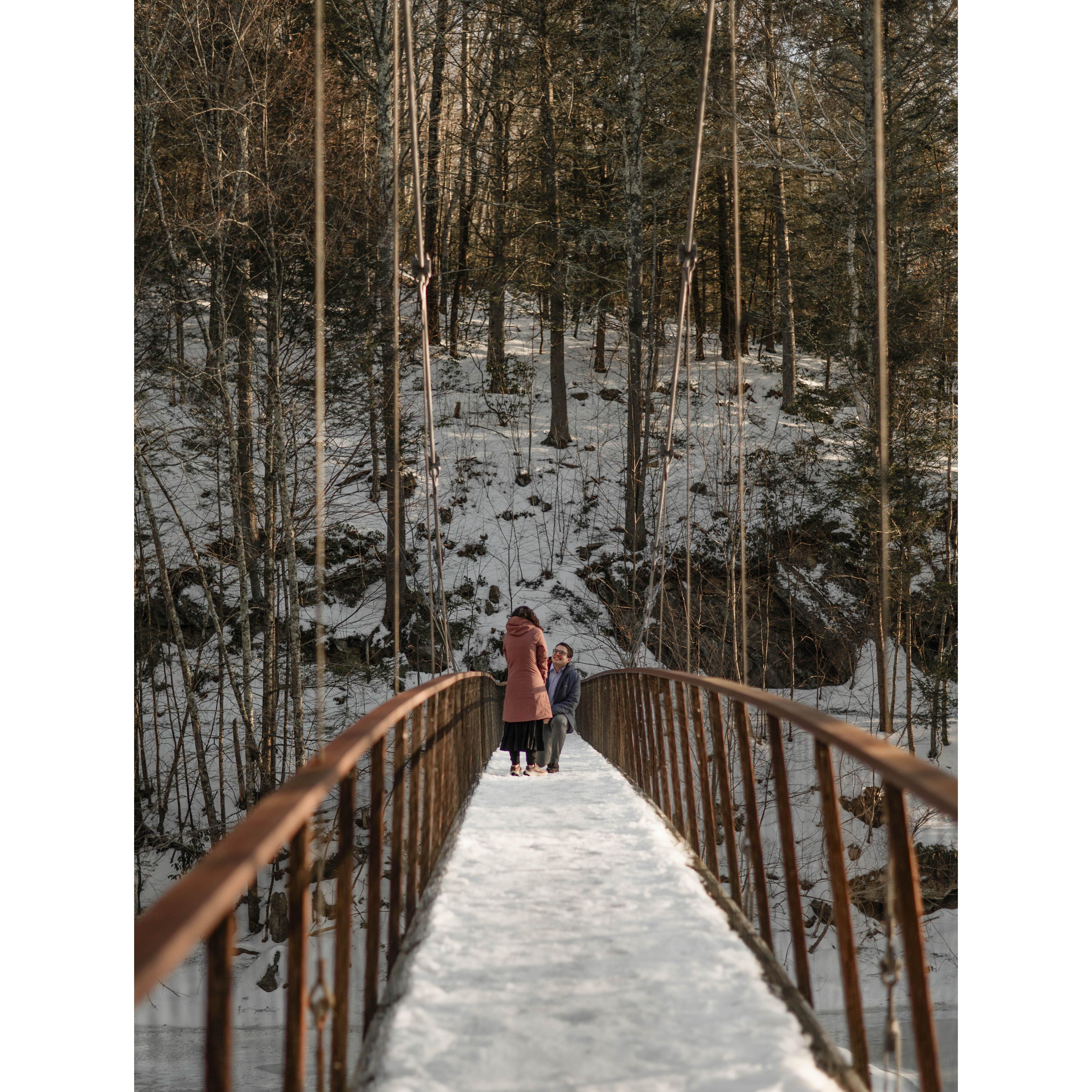 Jo's proposal on the Henry David Thoreau Bridge, one of the first hikes we took as a couple