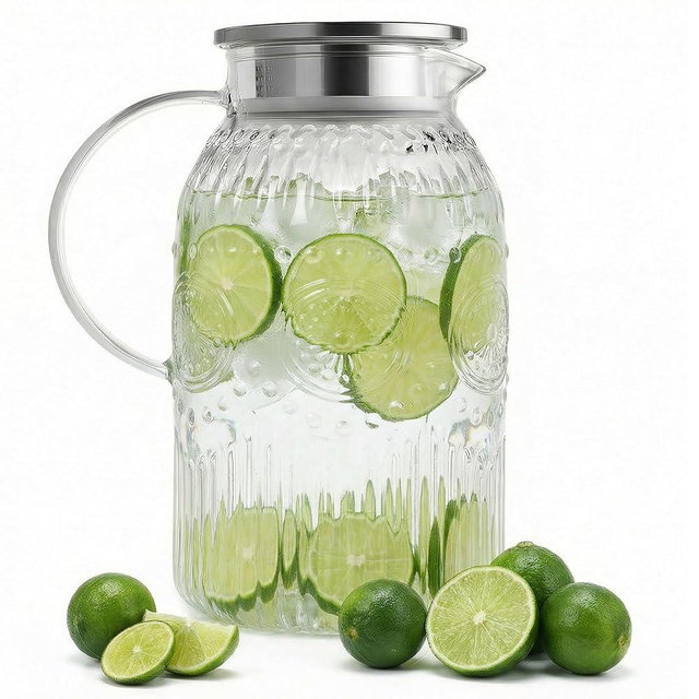 Bandesun Vintage Glass Pitcher with Lid, 128oz/ 1 Gallon Water Pitcher with Handle for Fridge Heat Resistant Borosilicate Water Jug, Carafe for Hot/Cold Coffee, Tea,Beverage 1Pack