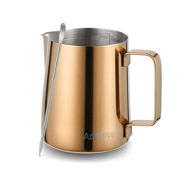 Milk Frothing Pitcher, 600ml (20oz) Steaming Pitchers Stainless Steel Milk Coffee Cappuccino Latte Art Barista Steam Pitchers Milk Jug Cup with Decorating Art Pen, Rose Gold