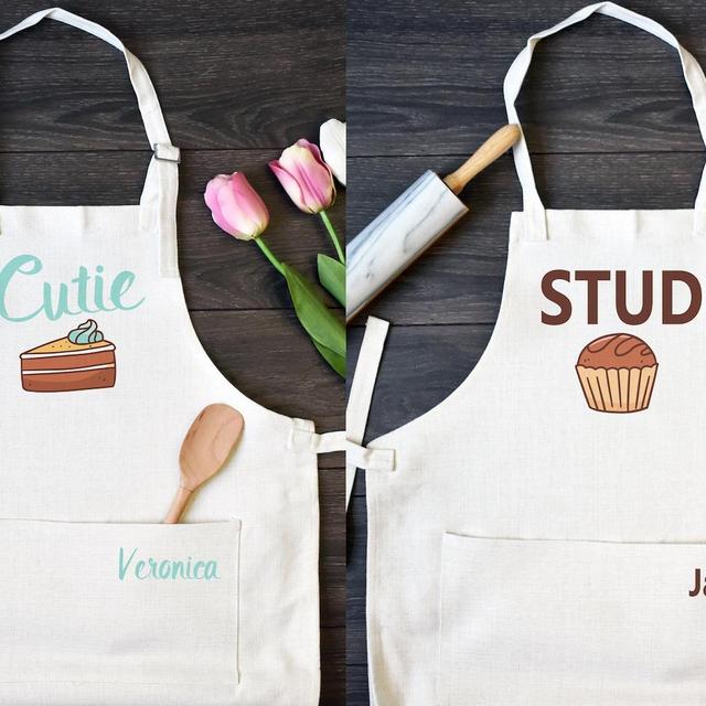 His and Hers Linen Kitchen Aprons, Funny Cooking Apron with Pocket Set of Two