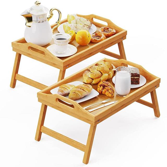 2 Pack Bed Trays for Eating, 16.92 x 12.6 Inch Bed Table Tray with Folding Legs, Bamboo Breakfast in Bed Tray, Food Trays Fits for Adult Kids Eating Snack and Laptops TV by Easoger