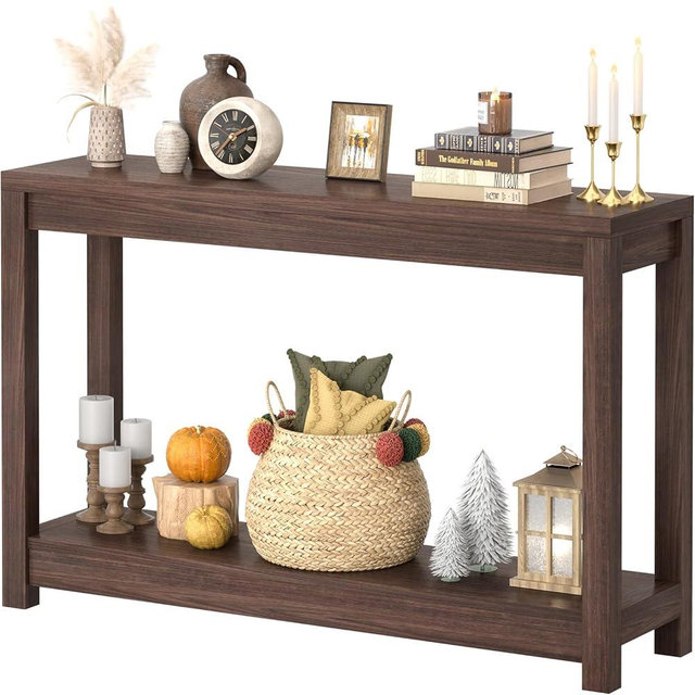Besiost 47" Farmhouse Wood Entryway Table Narrow Console Table with Storage Behind Couch Sofa Table with Shelves Entry Way Tables with Open Storage, Easy Assembly, Black Walnut
