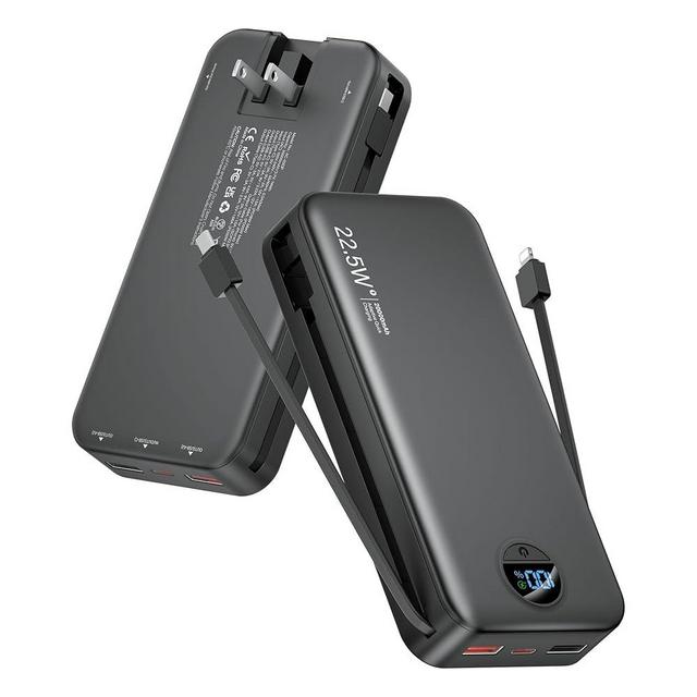 citicr Portable Charger Power Bank, 20000mAh 22.5W USB C Fast Charging with Built-in Cables & Wall Plug, External Battery Bank with LED Display, Travel Essential for iPhone, iPad, Samsung Black