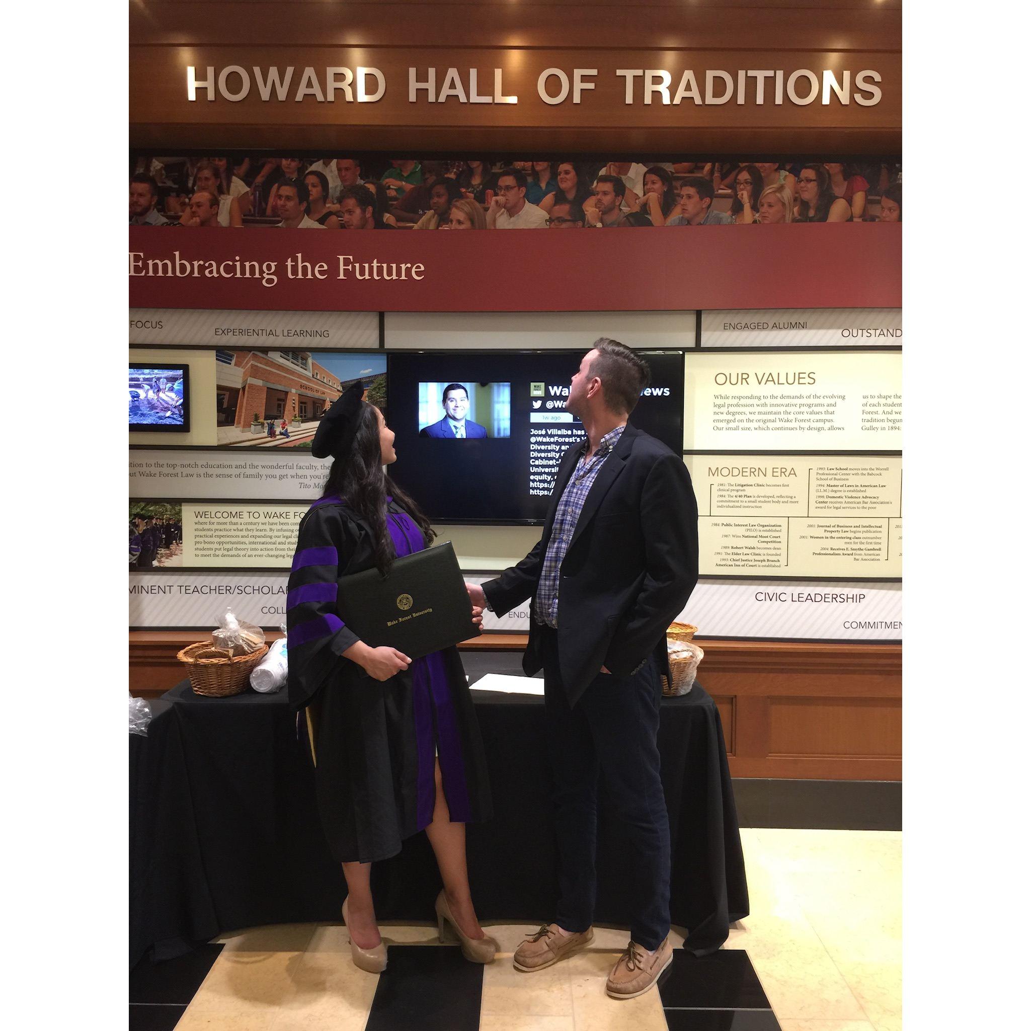 Wake Forest Law school looking at Ryan's shrine in the lobby