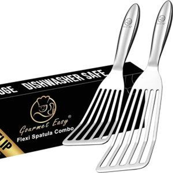 Stainless Steel Fish Spatula Set – 1 Large Fish Turner + 1 Small Metal Spatula, Ultra Thin Edge for Easy Turning & Flipping, Metal Kitchen Untensils with Ergonomic Non-Slip Handle, Dishwasher Safe