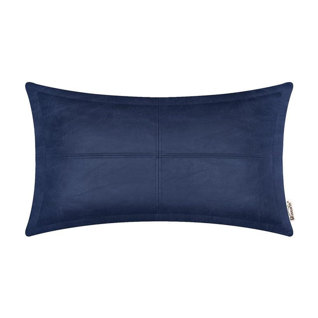 BRAWARM Navy Blue Leather Throw Pillow 12 X 20 Inches, Faux Leather Pillow Cover with Piping, Hand Stitched Decorative Lumbar Throw Pillow Covers for Couch Sofa Bed Living Room Garden