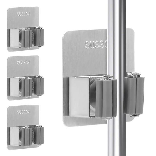 UAREP Mop Broom Holder Wall Mount, Stainless Steel, Rust Resistant, Heavy Duty, No Drill,Self-adhesive Broom Holder Wall Mount with Hooks 4Pcs for Bathroom, Kitchen, Garage, Nickel