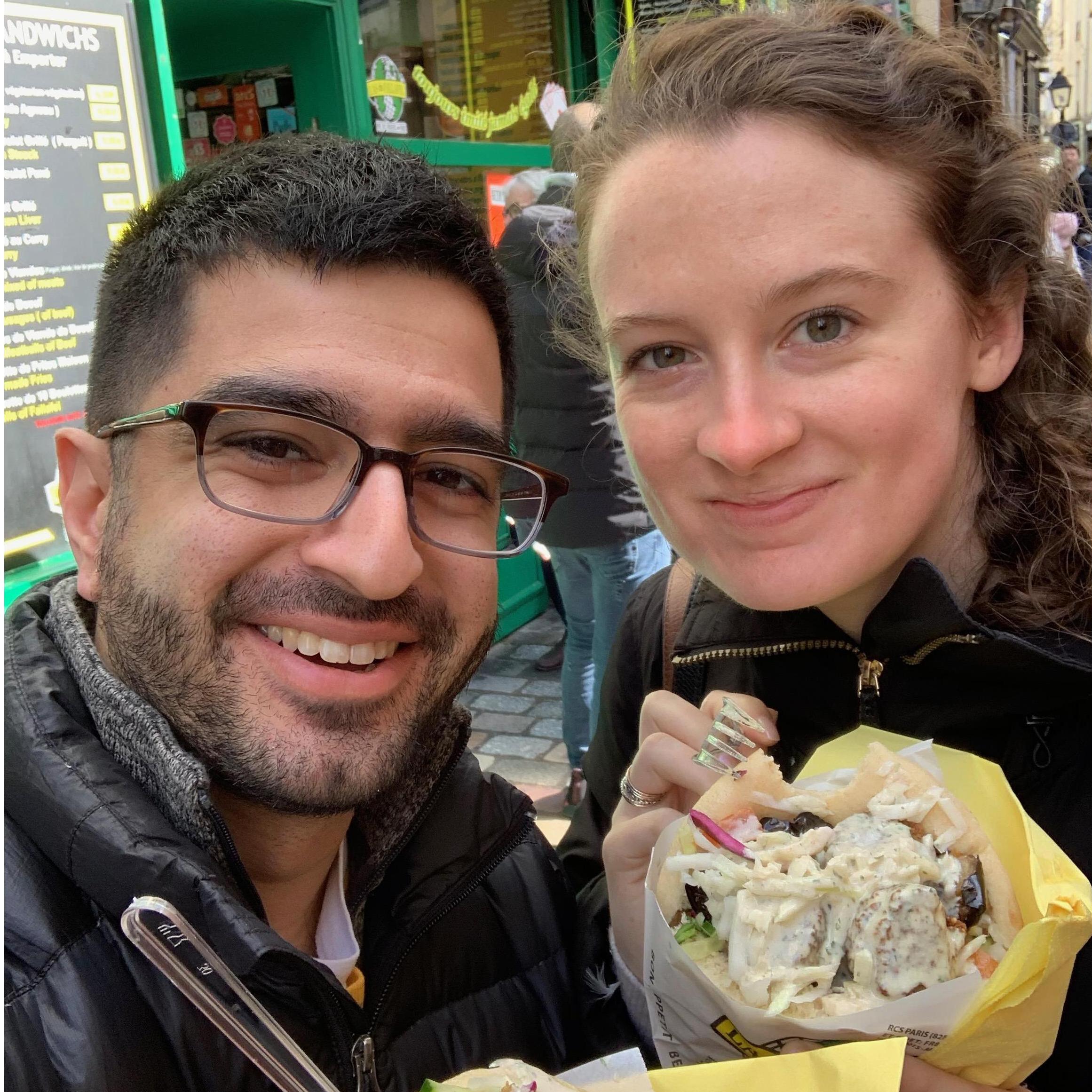 Selfie with our falafel pitas in Paris
