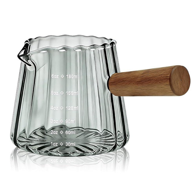 Espresso Measuring Cup 6 Oz, Espresso Glass Cups with Wood Handle, Milk Frothing Cup, Espresso Cup for Coffee, Milk, Tea or Maple Syrup Serving