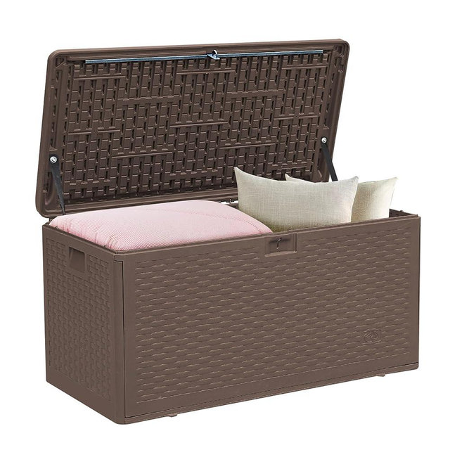Decksplore 73 Gallon Pro Outdoor Storage Box Waterproof Lockable Resin Deck Box Large, Patio Storage Bin for Pool Accessories Cushion Furniture, Garden Tools, UV-Resistant Outside Delivery Brown