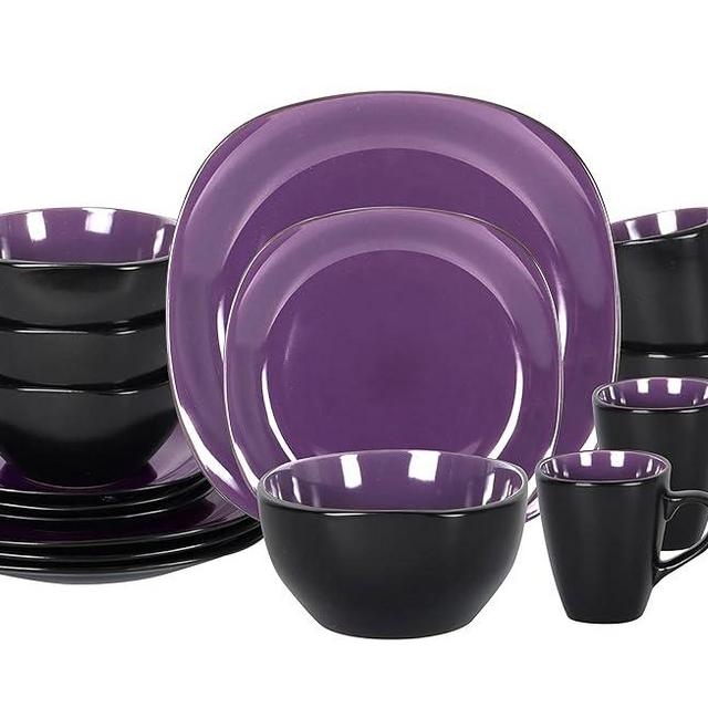 HomeVss, Stoneware Square 16pc Dinnerware Set, Inside Shiny Purple and Outside Matte Black