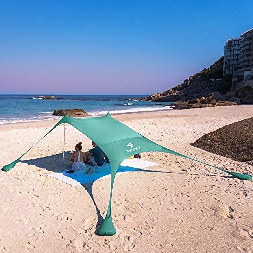 SUN NINJA Pop Up Beach Tent Sun Shelter UPF50+ with Sand Shovel, Ground Pegs and Stability Poles, Outdoor Shade for Camping Trips, Fishing, Backyard Fun or Picnics (7x7.5 FT 4 Pole, Green)