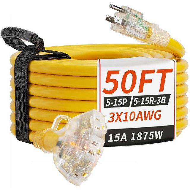 PlugSaf 50 FT 10/3 Gauge Outdoor Extension Cord with Multiple Outlets Light Indicator, Flexible 3 Outlet Weatherproof Heavy Duty Extension Cord Waterproof Yellow, 15A 1875W 10AWG SJTW, ETL Listed