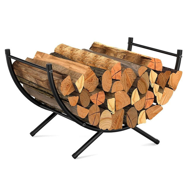 NANANARDOSO Curved Firewood Rack，24 inches Powder-coated Metal Fireplace Log Holder for Firewood Storage，Ideal for Indoor and Outdoor Fireplaces Wood Storage，Black