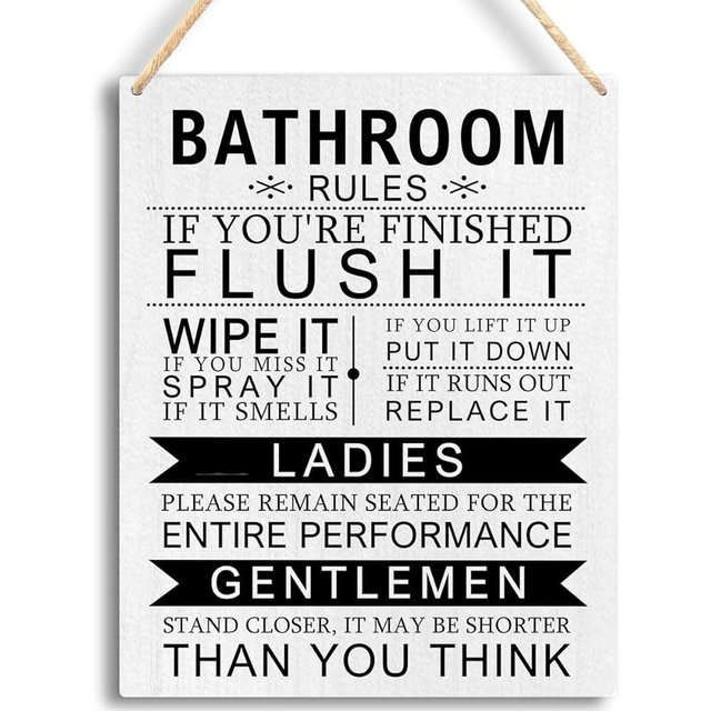 Retro Bathroom Wall Decor - Rustic Wooden Hanging Sign with Bathroom Rules, Farmhouse Wall Art for Toilet & Restroom, 8x10 Inches -B27