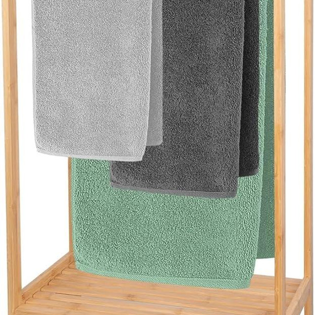 FoverOne Bamboo Towel Rack for Bathroom, 3 Tier Floor Freestanding Towel Holder Organizer with Bottom Storage Shelf for Hand Towels, Small Bath Towel and Bathrobe