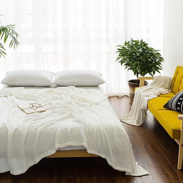 EMME Cotton Blanket Queen Size for Bed Soft Large 6 Layer Muslin Bed Blankets 80"x90" Lightweight Breathable White Blanket All Season Gauze Blanket, White