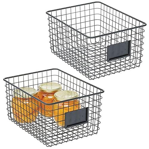 mDesign Farmhouse Decor Metal Wire Food Organizer Storage Bin Basket for Kitchen Cabinets, Pantry, Bathroom, Laundry Room, Closets, Garage, 2 Pack - Black