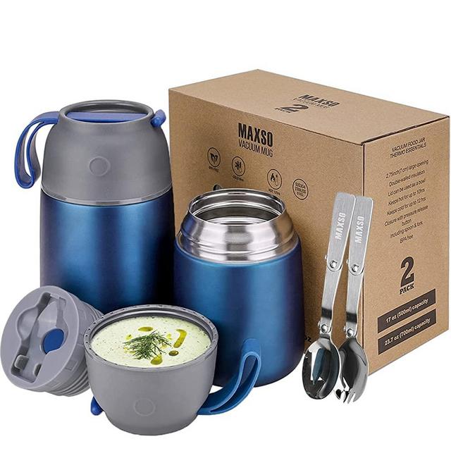 MAXSO 2 Pack Vacuum Insulated Food Jar Hot Food Containers for Lunch School Soup Thermos For Kids,Travel Food Flask Hot Cold (24oz,17oz) (Dark Blue)