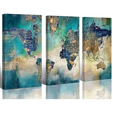 Large World Map Canvas Prints Wall Art Living Room Office 16x32 3 Piece Green World Map Picture Artwork Decor Home Decoration