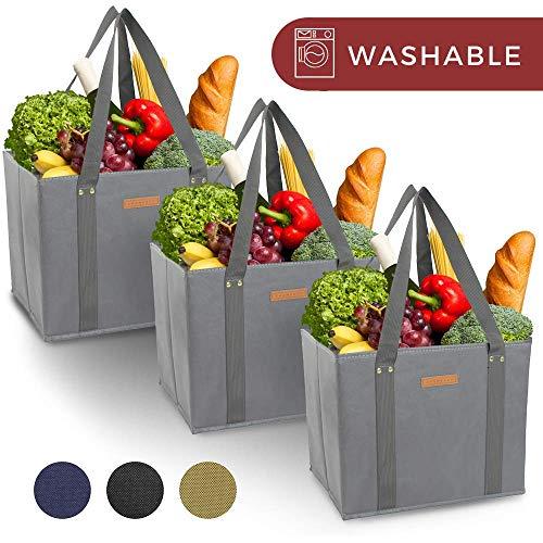 Reusable WASHABLE Grocery Shopping Cart Trolley Bags - set of 3 | Extra Long Handles, Spillover Proof, Eco-Friendly, Large, Durable, Collapsible Tote with Reinforced Sides and Bottoms (Grey, 3)
