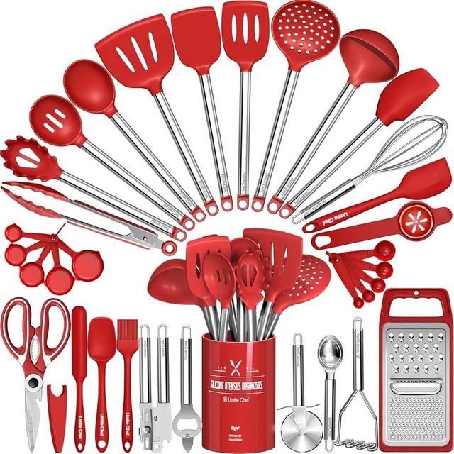 Kitchen Utensils Set- Umite Chef 34 PCs Cooking Utensils with Grater, Spoon Spatula, Heat Resistant Food Grade Silicone, Stainless Steel Handles Kitchen Gadgets Tools Set for Nonstick Cookware(Red)