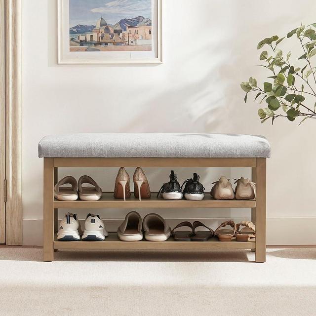 Zihanhome 2 Tier Shoe Rack Bench with Cushion, Solid Wood Shoe Benches, Mid-Century Modern Shoe Storage Bench for Entryway, Hallway, Living Room, Closet, Front Door Entrance, (Grey, 39.4")