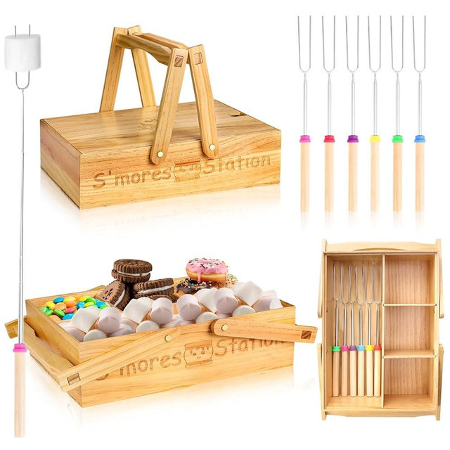 4 in 1 Smores Station with Handles Wooden Smores Caddy Organizer, 6 Pcs 32'' Extendable Smore Skewers Marshmallow Roasting Sticks, Smores Box Storage Smores Tray with Lid for Fire Pits Camping BBQ