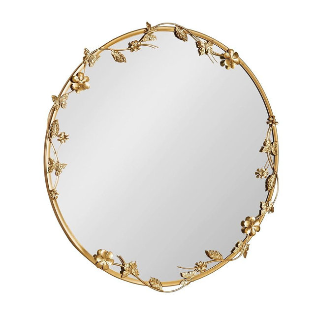 Kate and Laurel Rosella Modern Ornate Round Wall Mirror, 26 Inch Diameter, Gold, Circle Mirror with Floral Detailing for Use as Bathroom Mirror for Over Sink or Cute Nursery Mirror Decor