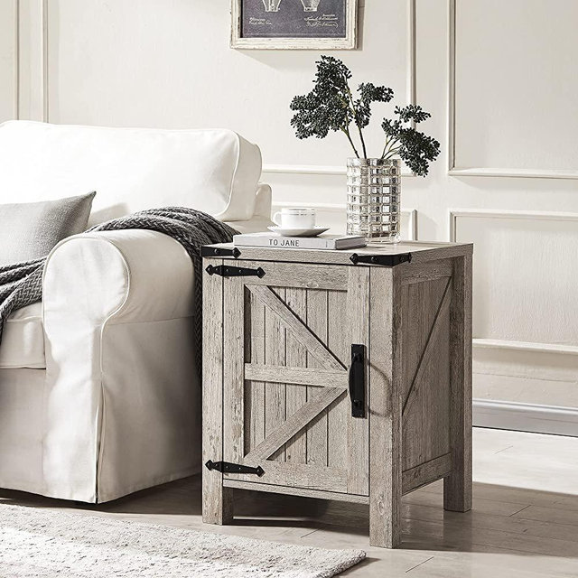 OKD End Tables Night Stands Side Sofa Bedside Table Farmhouse, with Sliding Barn Door and Storage Cabinets Shelves, for Bedroom Living Room, Easy Assembly, Light Rustic Oak
