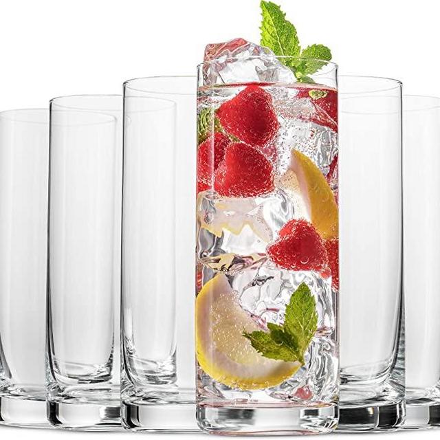 BENETI Exquisite Highball Drinking Glasses [Set of 6] Clear Water Glasses with Heavy Weighted Base, Tall Cocktail Glasses, Collins Glasses, Tumbler Glasses, Glass Cups for Juice, Barware (16oz Cups)