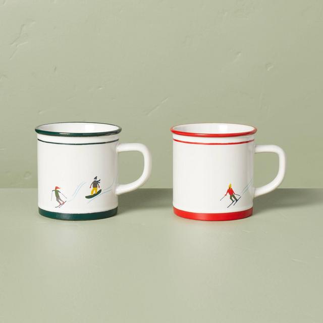 2pk 10oz Skier Figure Stoneware Mug Set Cream/Red/Green - Hearth & Hand™ with Magnolia