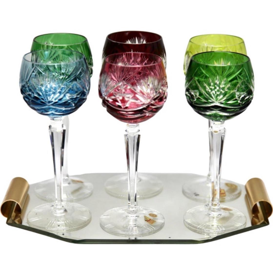 Crystal Mix Set of 6 Nachtmann Stem Glasses with Colored Overlay Cut to Clear