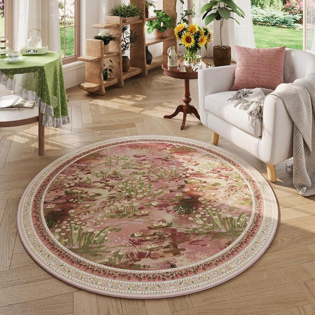 Rugcomf Circle Rug Impressionist-Style Vintage Round Rug 6ft Non Slip Low Pile Small Circular Rug for Bedroom Bathroom Entryway Kids Room Office College Dorm, Pink