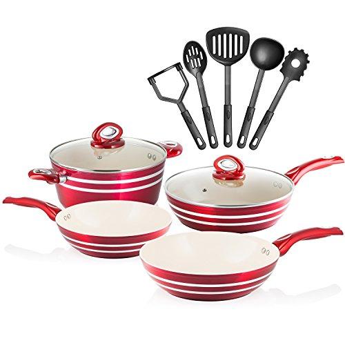 Chef's Star 11 Piece Professional Grade Aluminum Non-Stick Pots & Pans Set - Induction Ready Cookware Set - Red/Cream