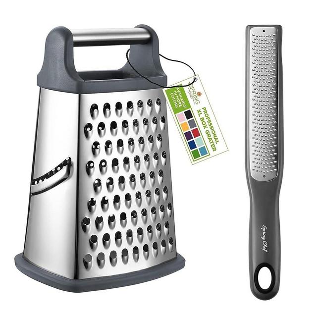 Spring Chef Stainless Steel XL Box Grater & Premium Lemon Zester - 2 Product Bundle - Gray