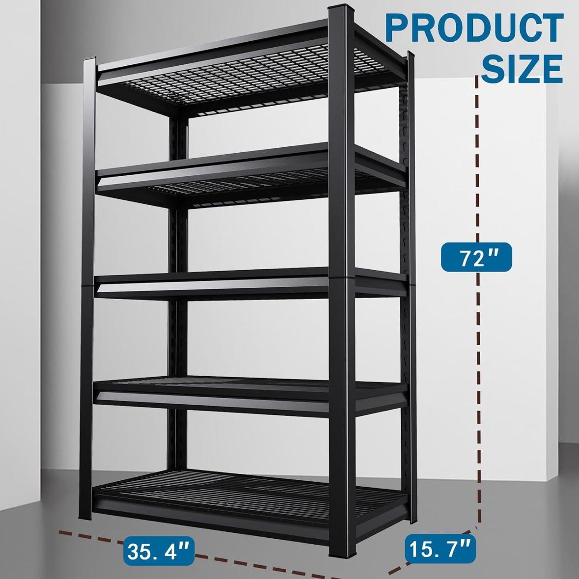 72''H Garage Shelving Heavy Duty 5-Tier Adjustable Storage Shelves Unit,3000 LBS Metal Utility Rack Shelf for Industries, Warehouses, Basement,Black (72'H x 36.1''W x 16''D)